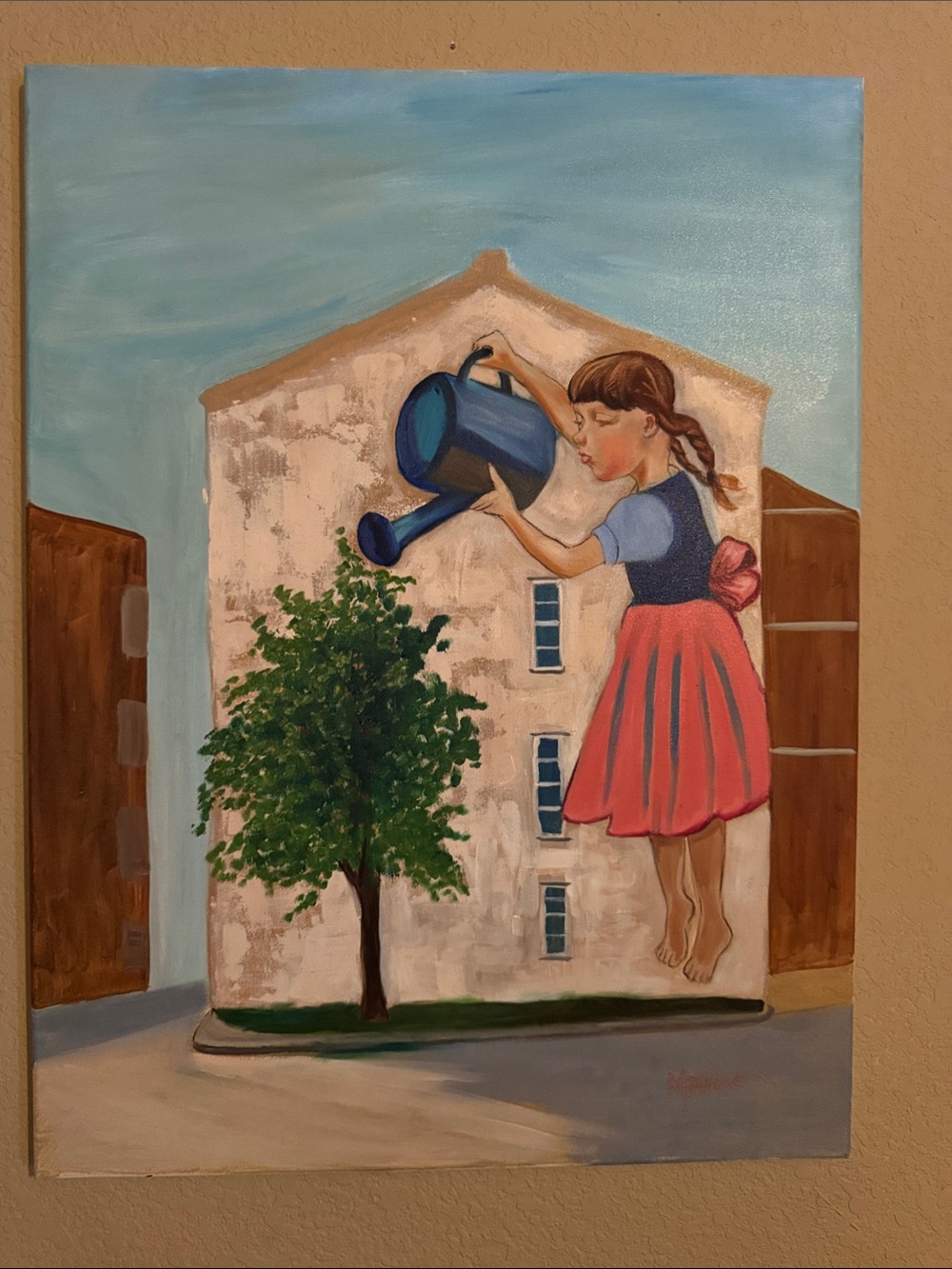 Whimsical Girl Watering Tree Painting - Pink & Blue